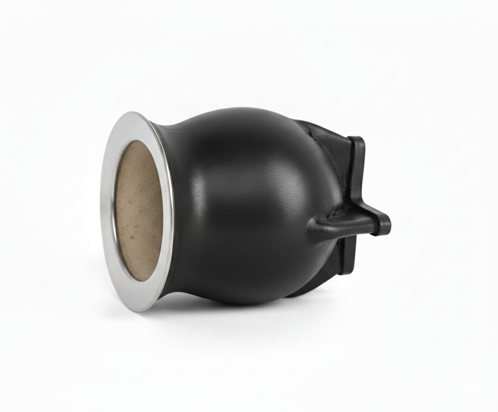 Mate Camionero (Calabaza) Cuero Negro - Virola de Acero espejo