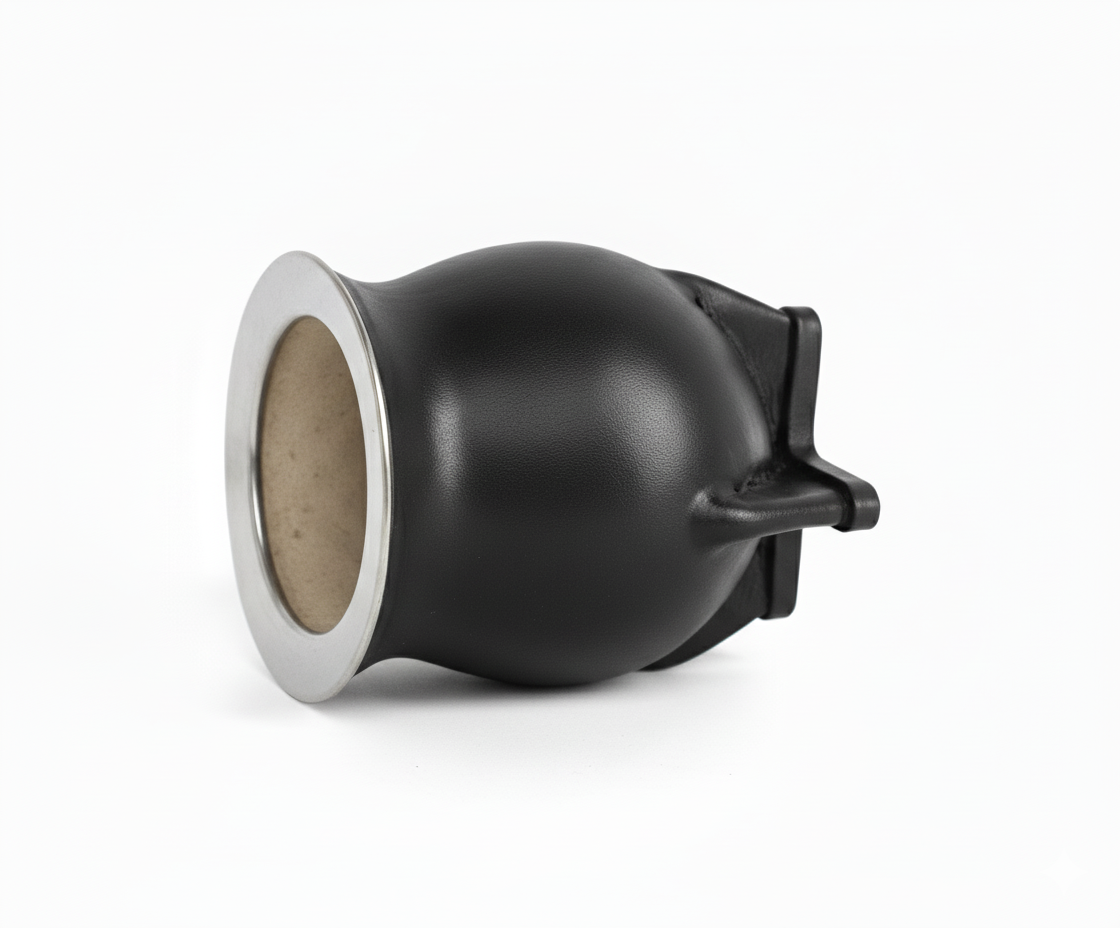 Mate Camionero (Calabaza) Cuero Negro - Virola de Acero espejo