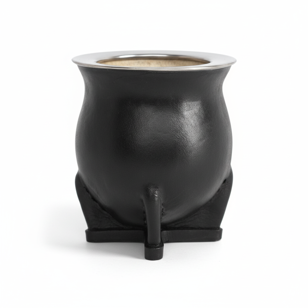 Mate Camionero (Calabaza) Cuero Negro - Virola de Acero espejo