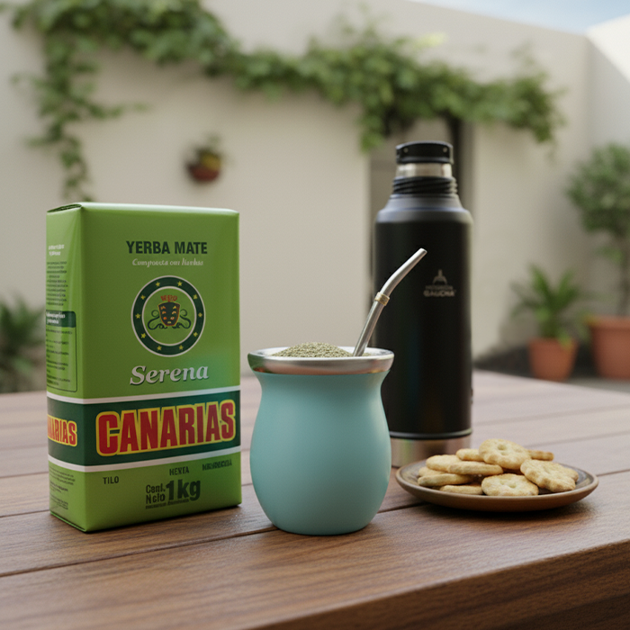 PROMO Yerba Mate Canarias Serena 1 Kg + Yerbera Rolltop